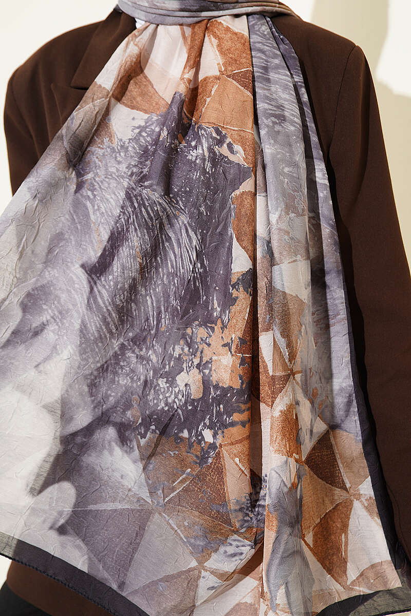 Triangle Print Bamboo Crinkle Shawl - Black-Smoke Grey