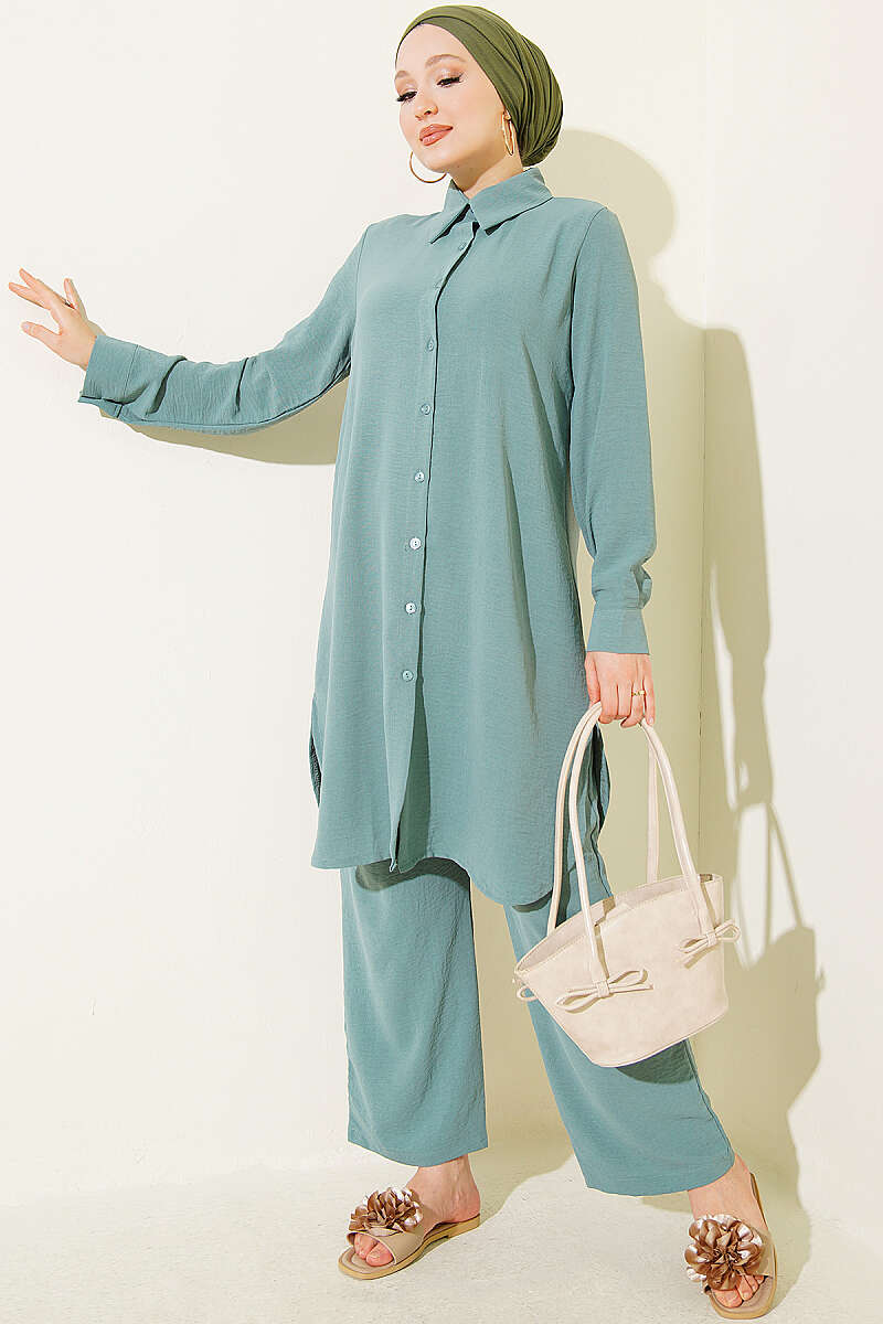 Basic Two-Piece Set with Long Shirt - Almond Green