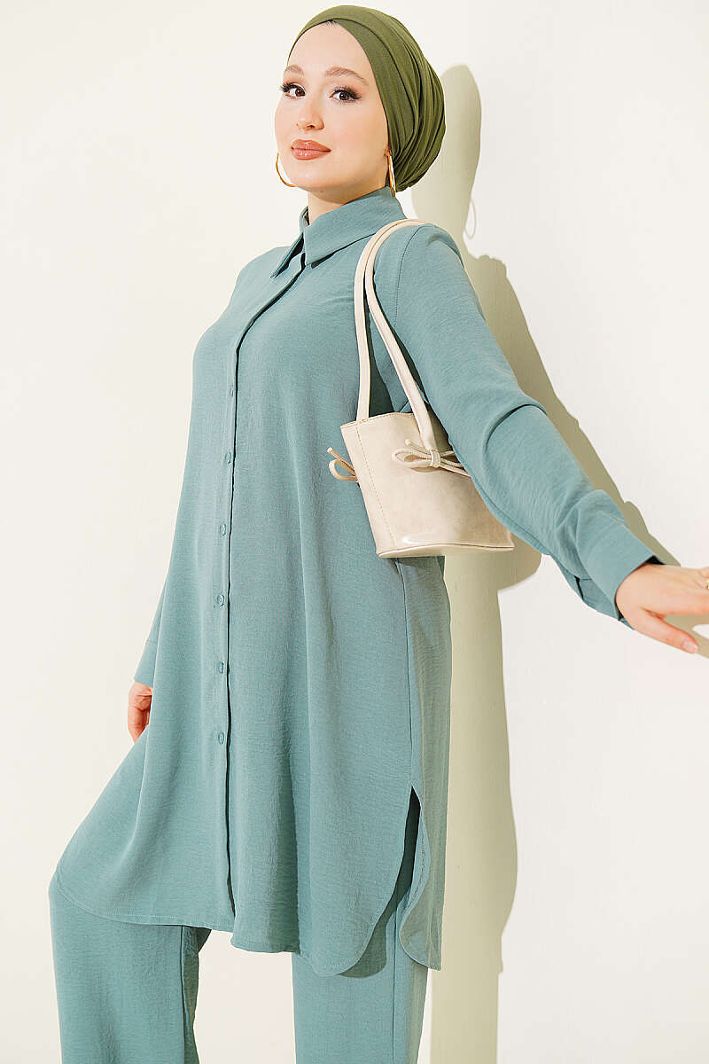 Basic Two-Piece Set with Long Shirt - Almond Green