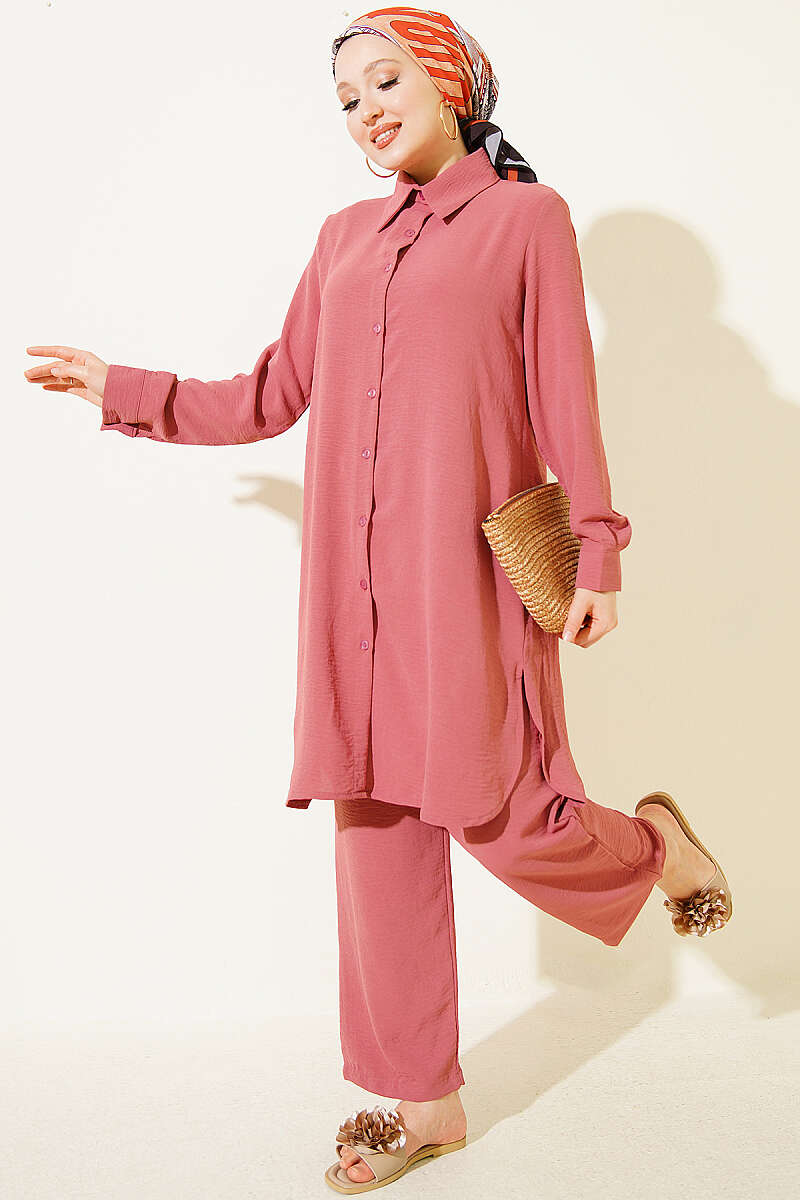 Basic Two-Piece Set with Long Shirt - Dusty Rose