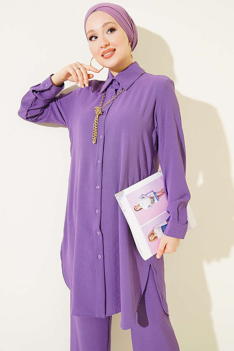 Basic Two-Piece Set with Long Shirt - Purple