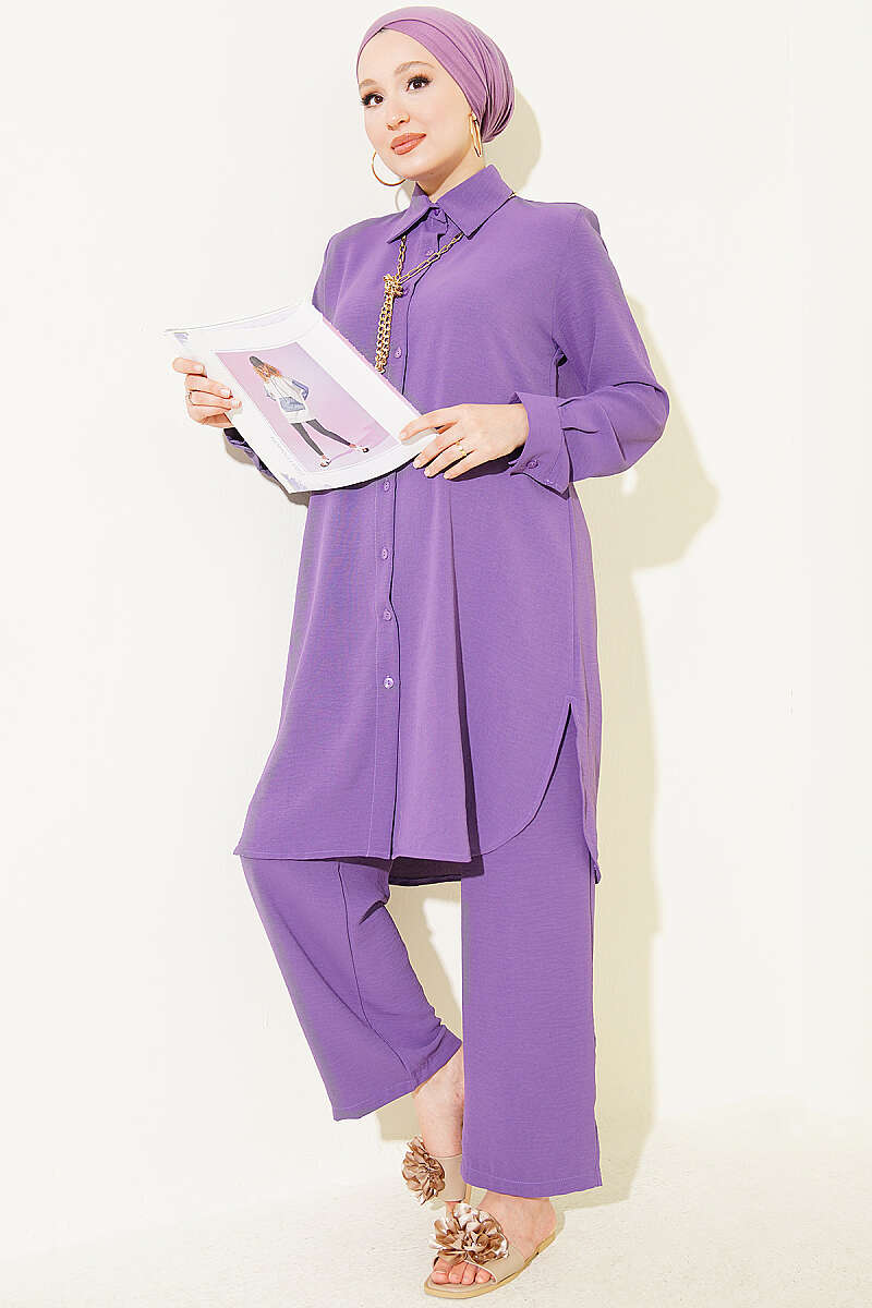 Basic Two-Piece Set with Long Shirt - Purple