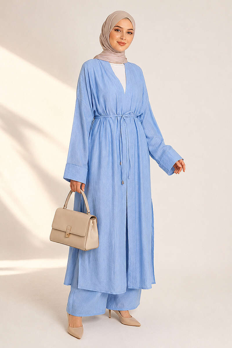 Two-Piece Set with Long Cardigan - Light Blue