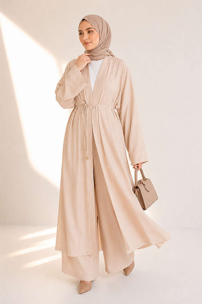 Two-Piece Set with Long Cardigan - Beige