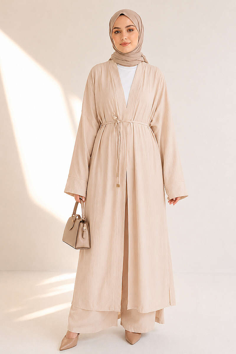 Two-Piece Set with Long Cardigan - Beige