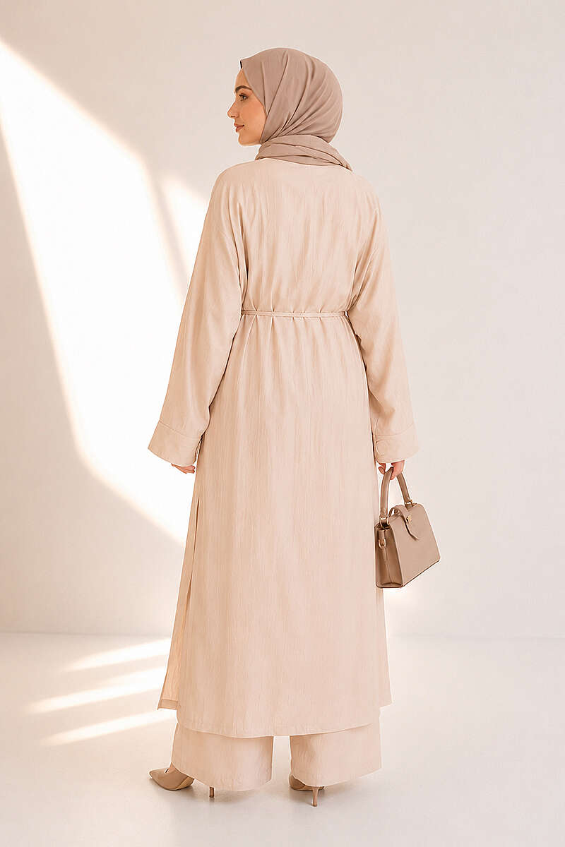 Two-Piece Set with Long Cardigan - Beige
