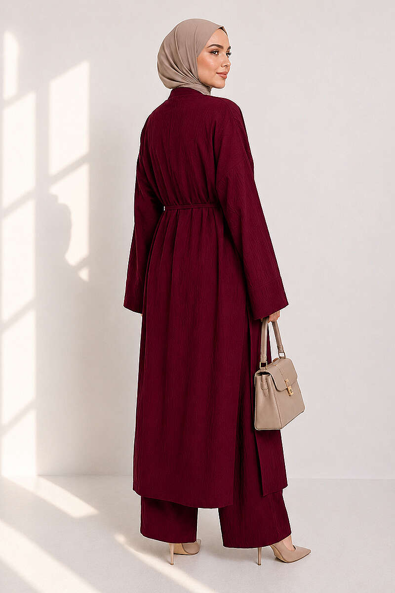 Two-Piece Set with Long Cardigan - Burgundy