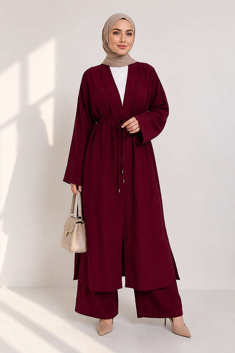 Two-Piece Set with Long Cardigan - Burgundy