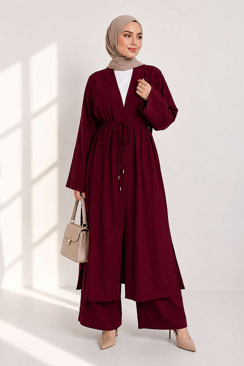 Two-Piece Set with Long Cardigan - Burgundy