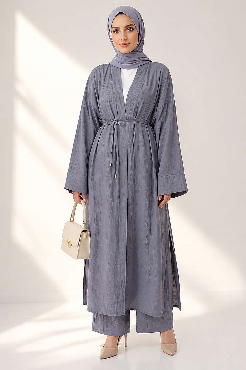 Two-Piece Set with Long Cardigan - Grey
