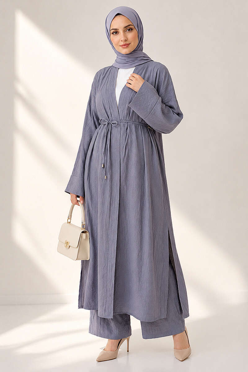 Two-Piece Set with Long Cardigan - Grey