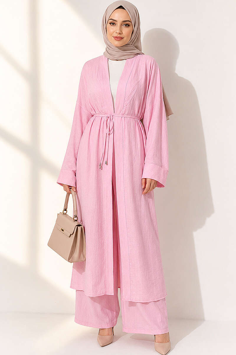 Two-Piece Set with Long Cardigan - Pink