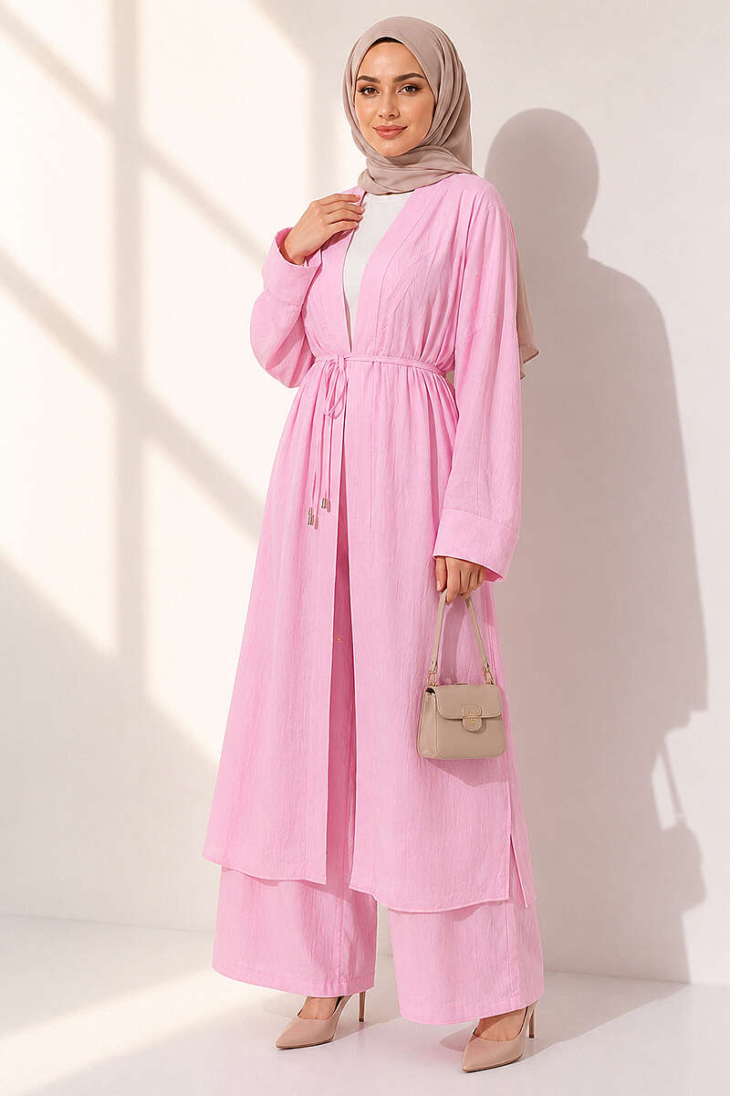 Two-Piece Set with Long Cardigan - Pink