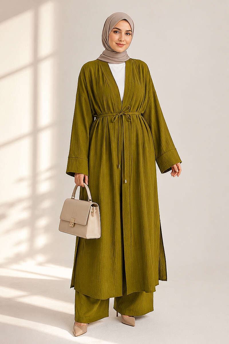 Two-Piece Set with Long Cardigan - Olive