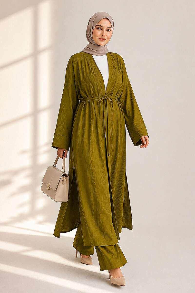 Two-Piece Set with Long Cardigan - Olive