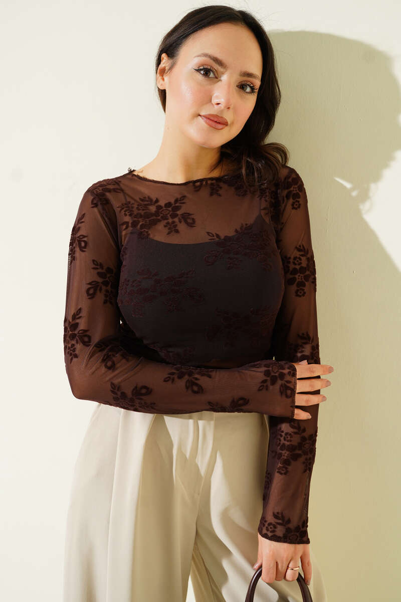 Long-Sleeve Floral Tulle Blouse - Dark Brown