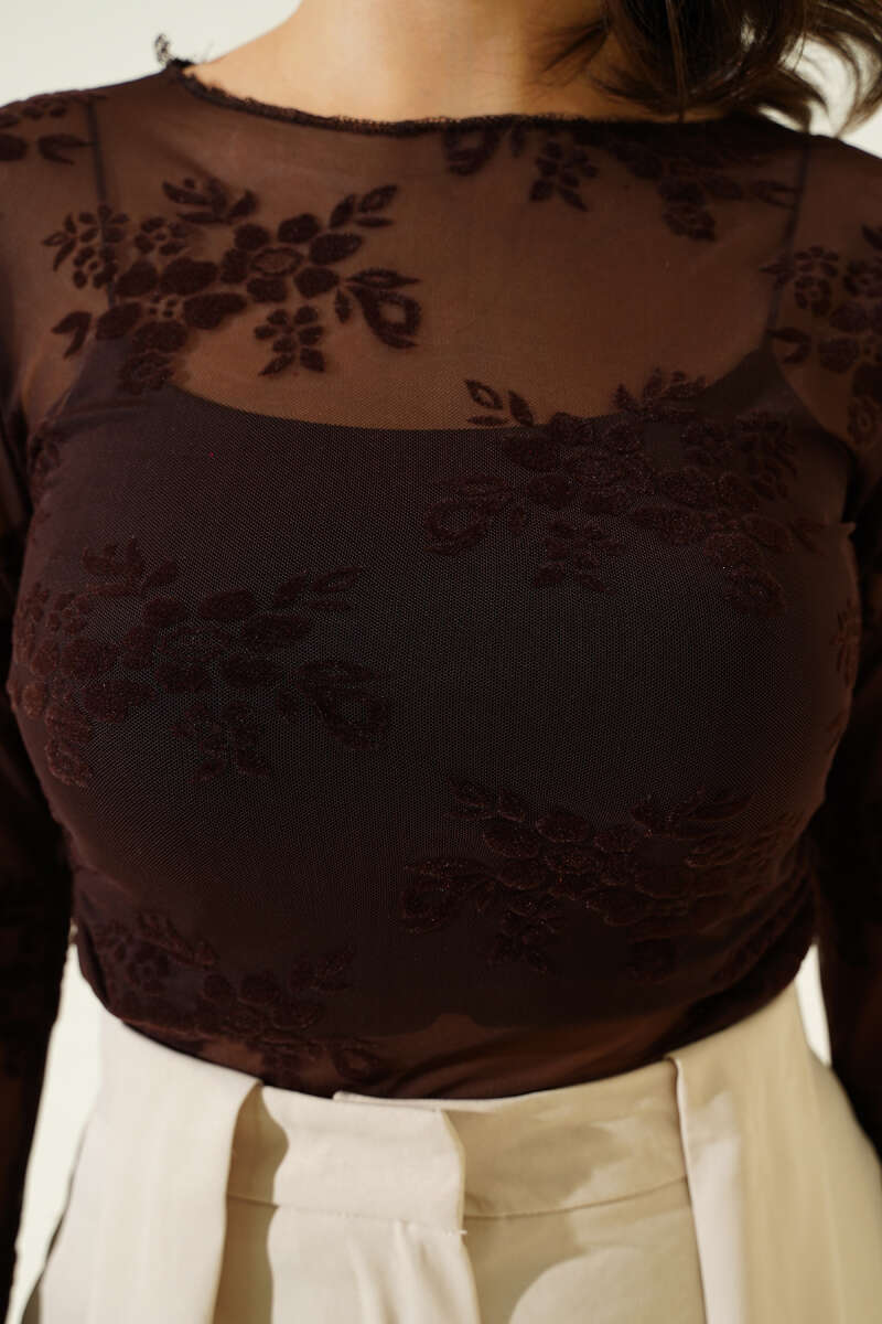 Long-Sleeve Floral Tulle Blouse - Dark Brown