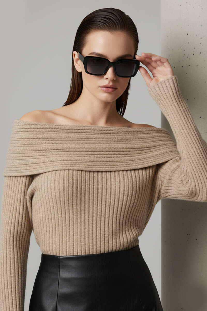 Long-Sleeve Madonna-Neck Sweater - Almond Green