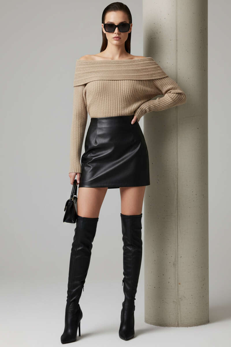 Long-Sleeve Madonna-Neck Sweater - Almond Green