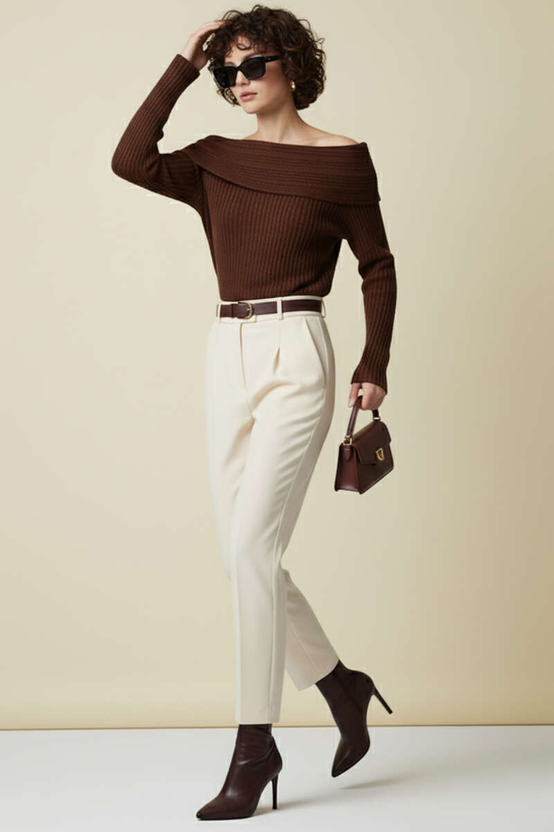 Long-Sleeve Madonna-Neck Sweater - Brown