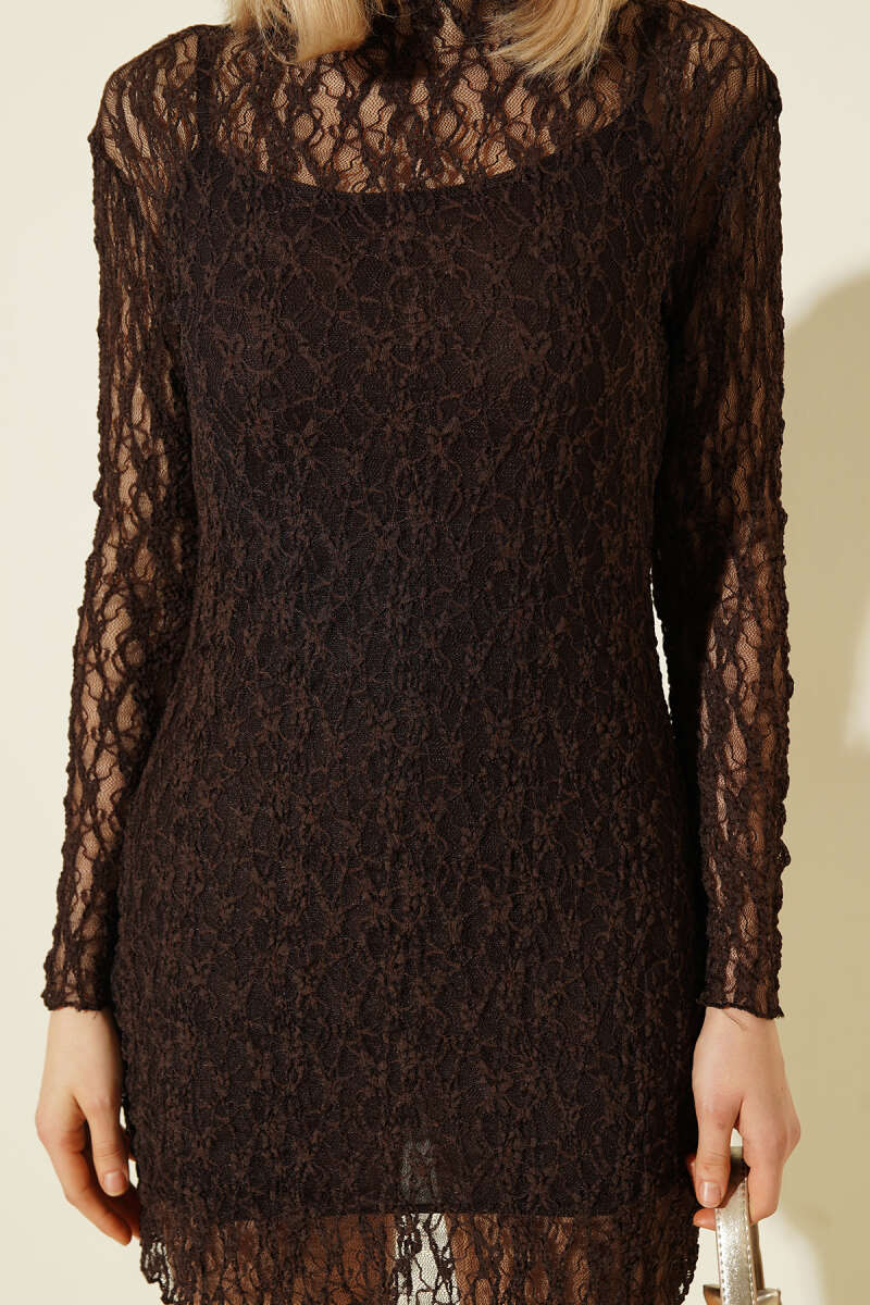 Long-Sleeve Lace Mini Dress - Brown
