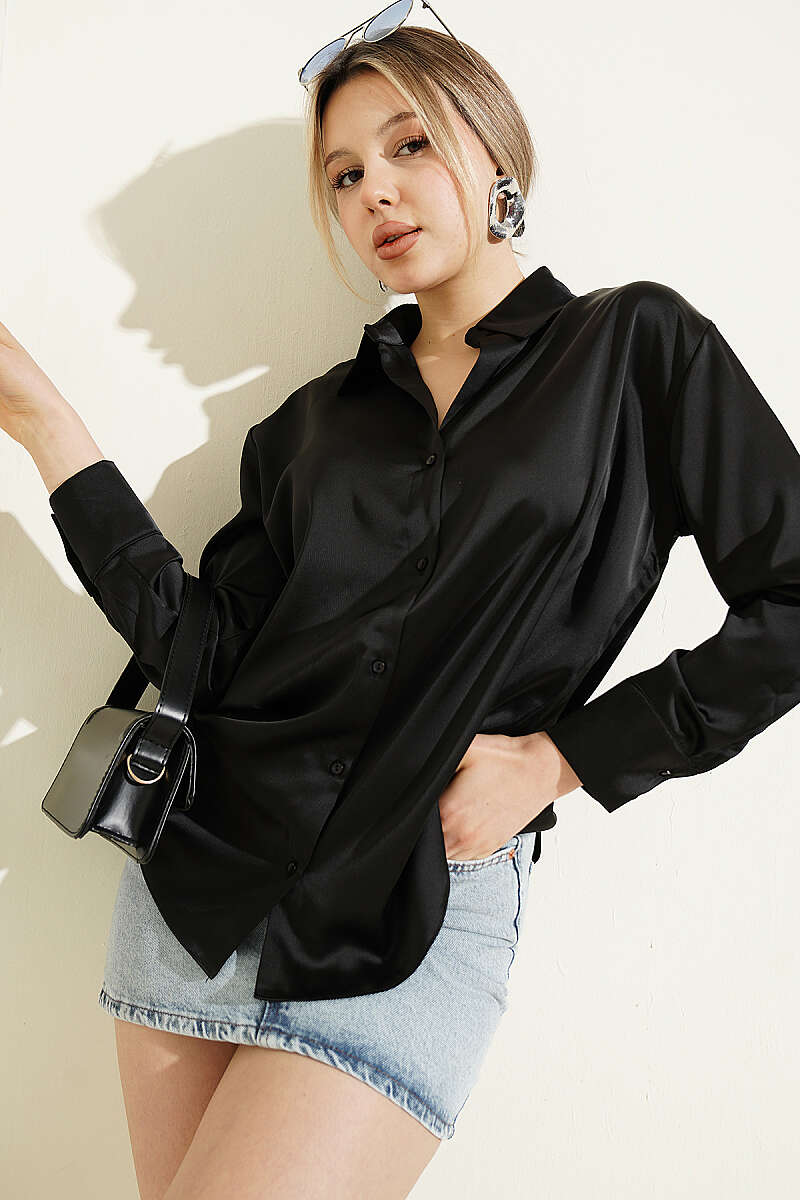 Long-Sleeve Satin Shirt - Black