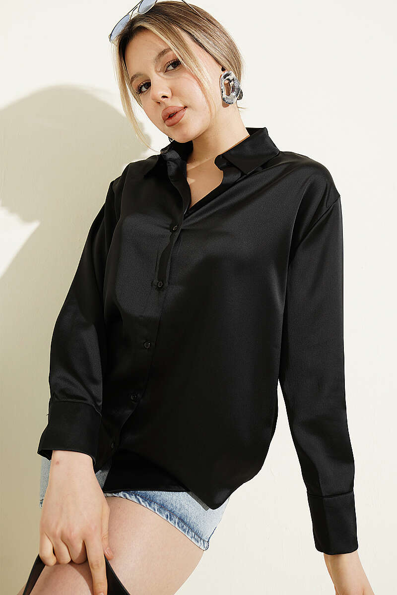 Long-Sleeve Satin Shirt - Black