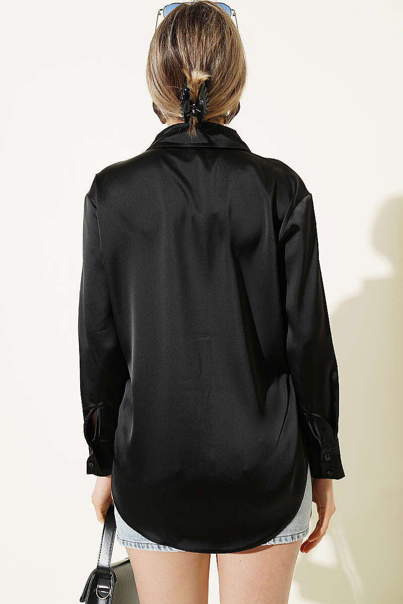 Long-Sleeve Satin Shirt - Black