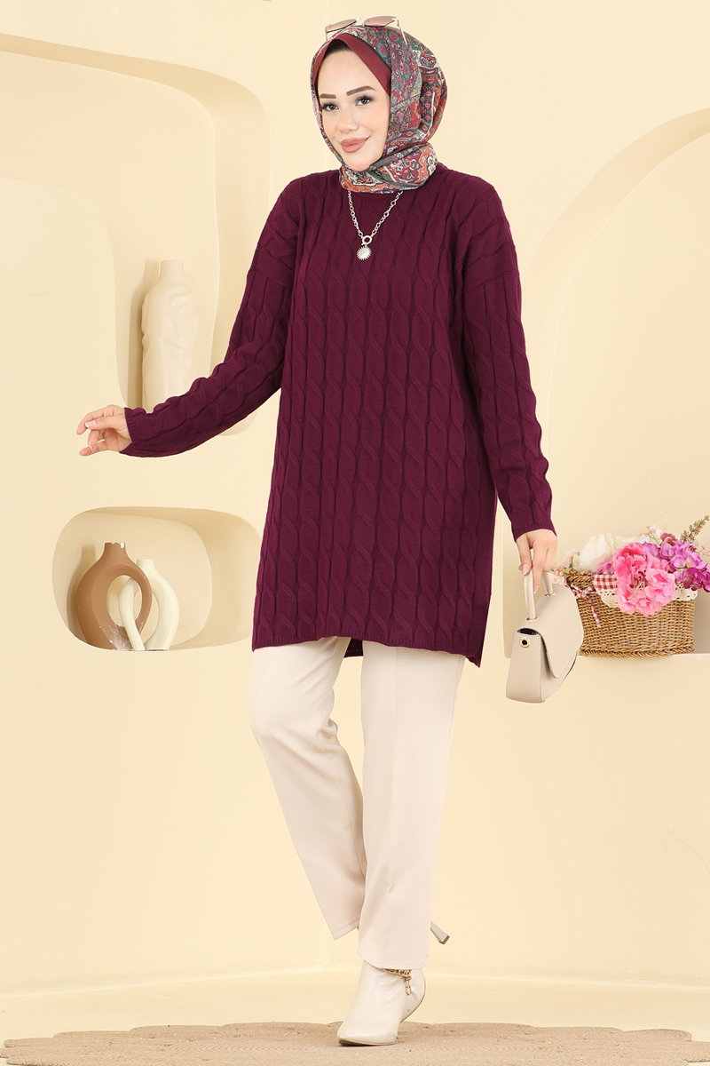 Long-Sleeve Knit Tunic - Burgundy