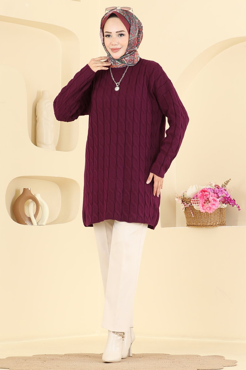 Long-Sleeve Knit Tunic - Burgundy