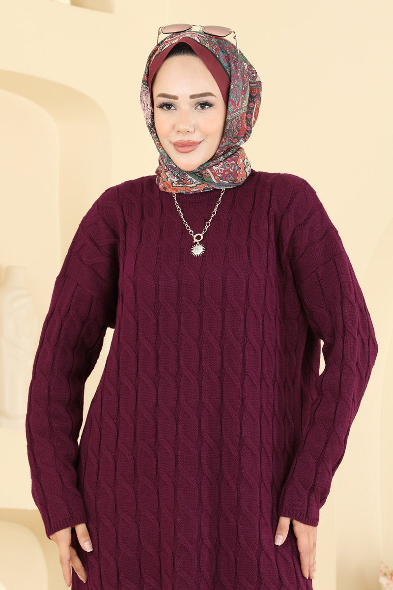 Long-Sleeve Knit Tunic - Burgundy