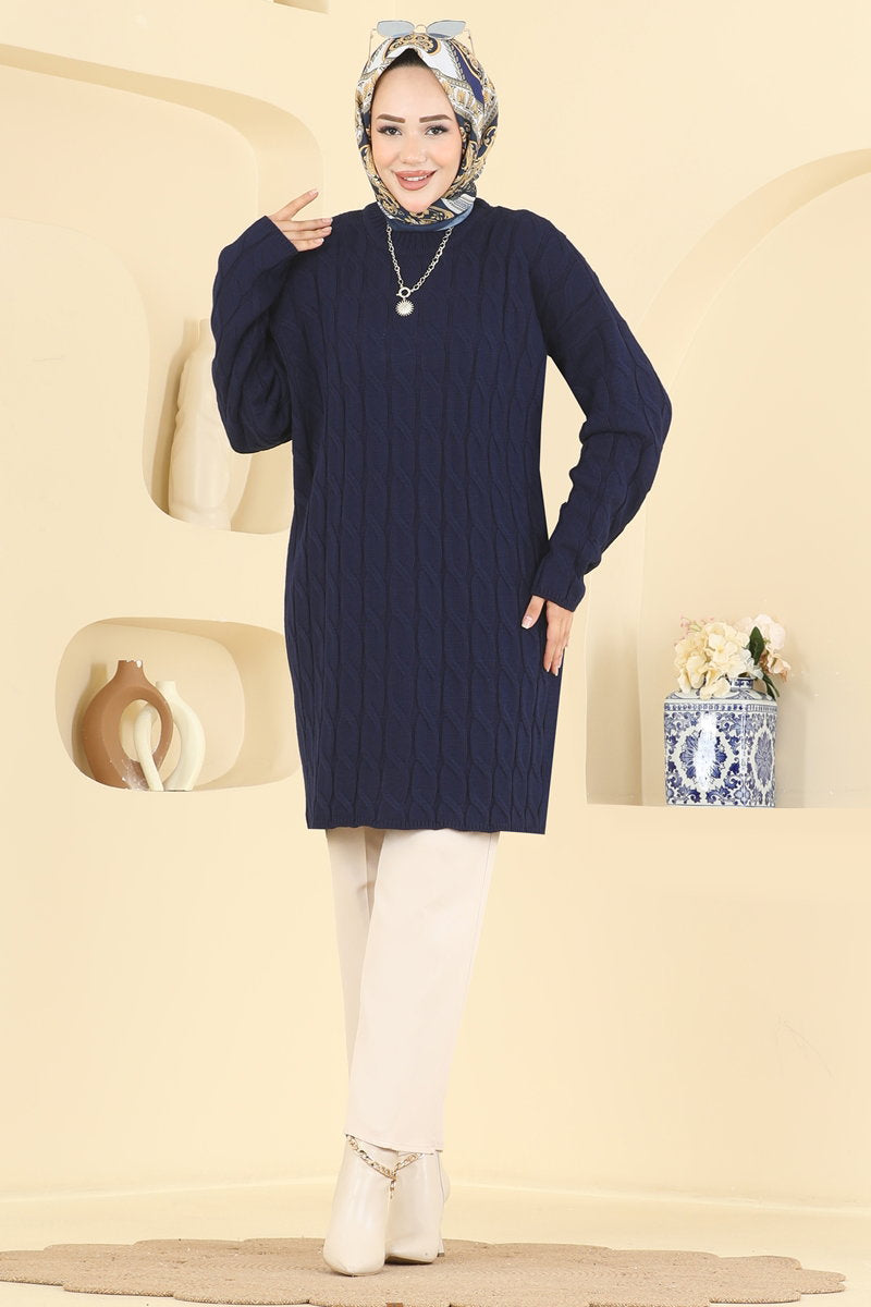 Long-Sleeve Knit Tunic - Navy