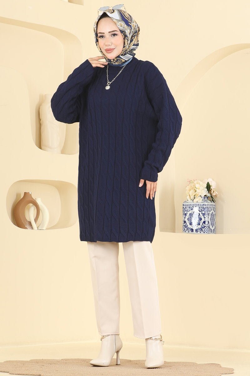 Long-Sleeve Knit Tunic - Navy