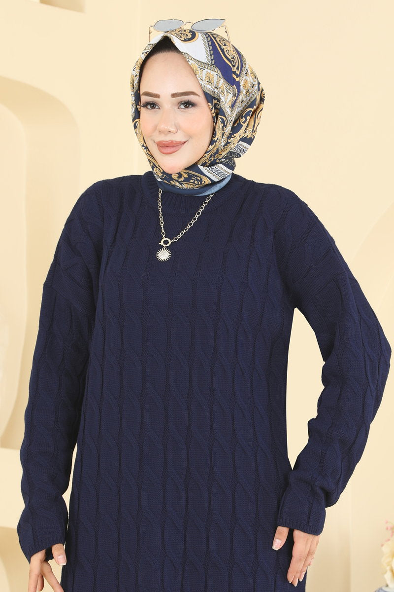 Long-Sleeve Knit Tunic - Navy