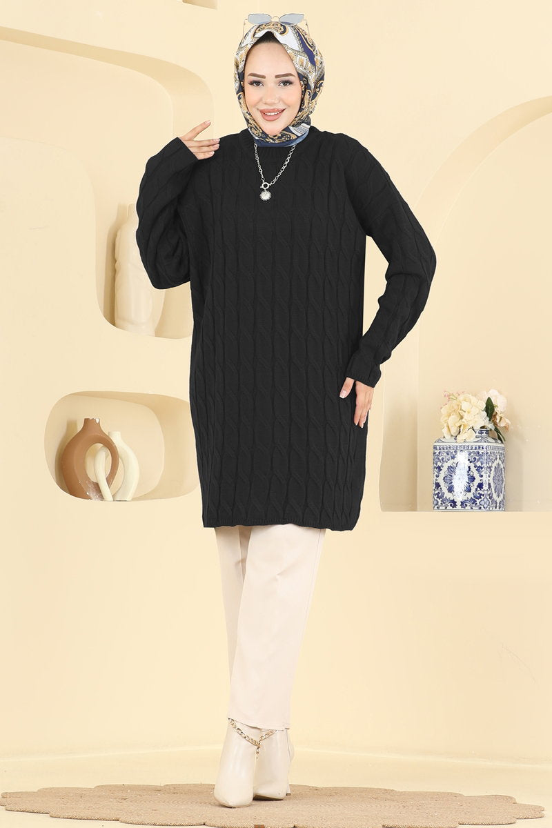 Long-Sleeve Knit Tunic - Black