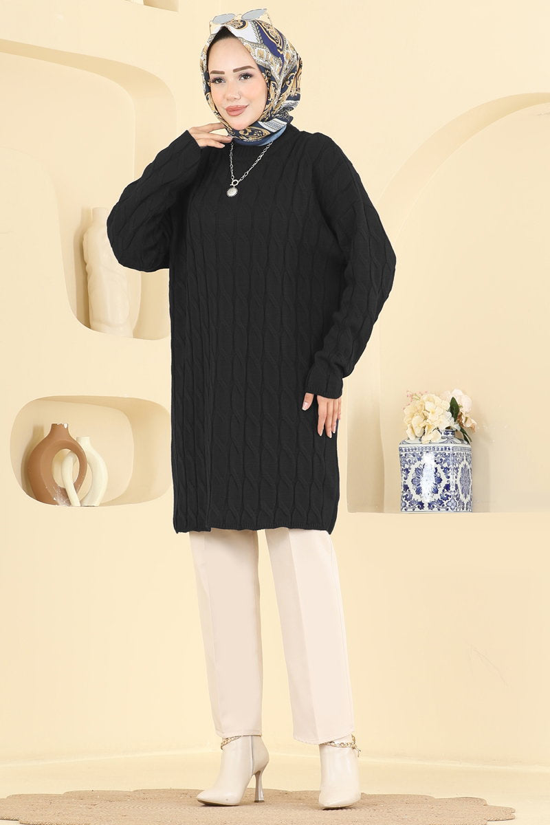 Long-Sleeve Knit Tunic - Black