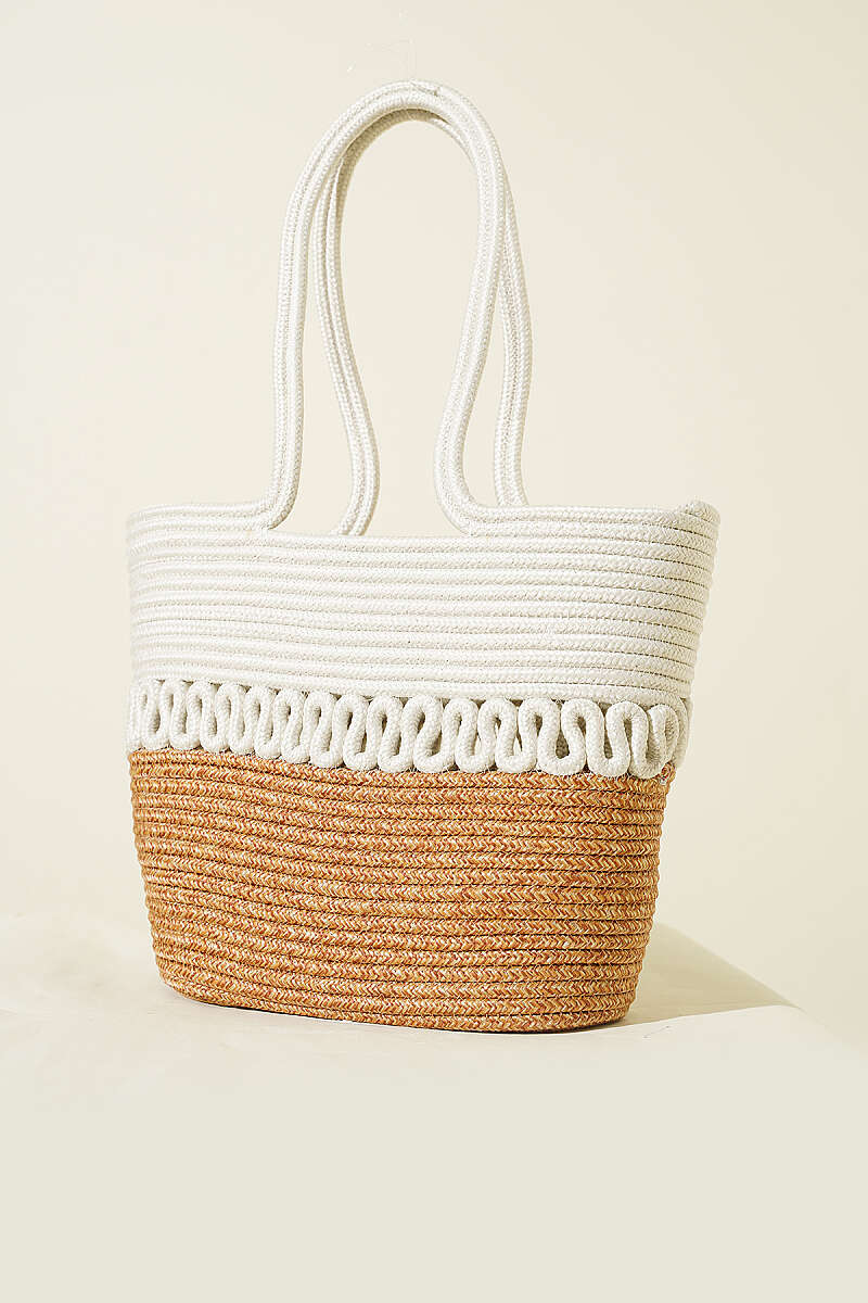 Long-Handle Straw Block Bag - Ecru