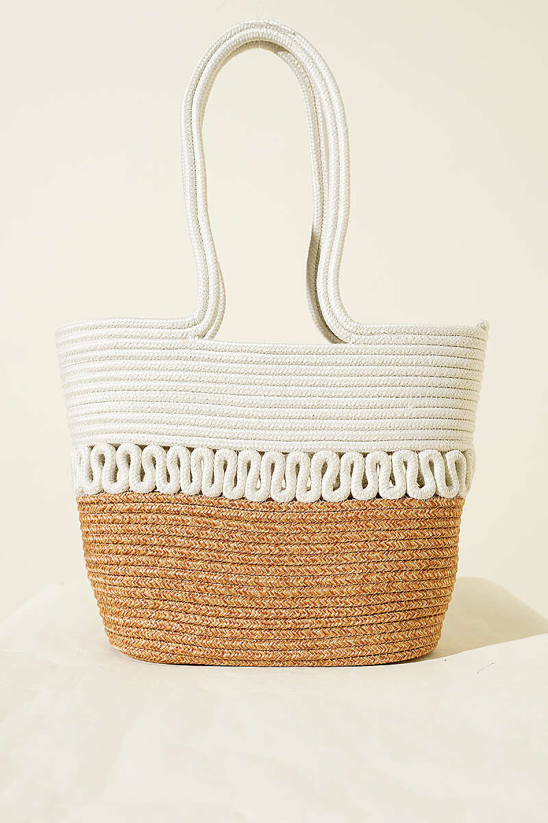 Long-Handle Straw Block Bag - Ecru