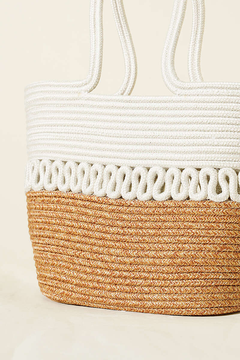 Long-Handle Straw Block Bag - Ecru