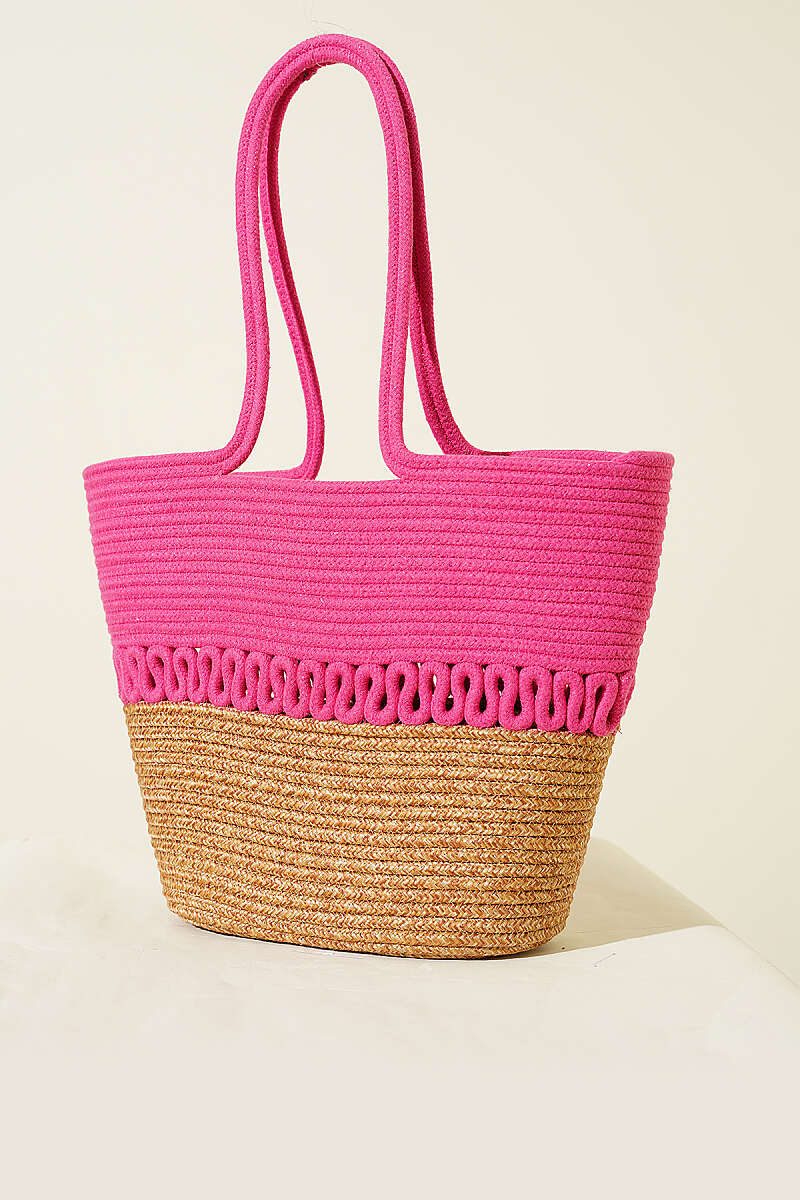 Long-Handle Straw Block Bag - Fuchsia