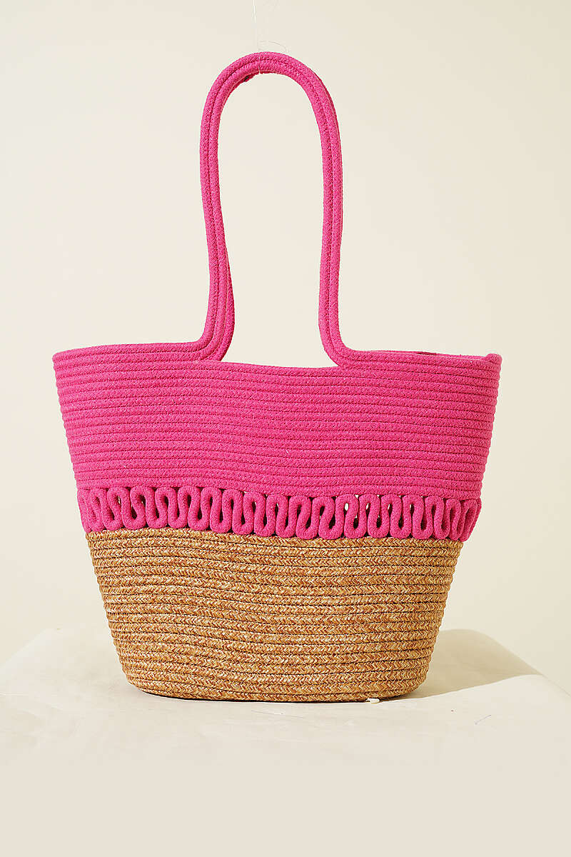 Long-Handle Straw Block Bag - Fuchsia