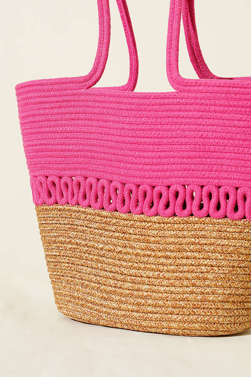 Long-Handle Straw Block Bag - Fuchsia