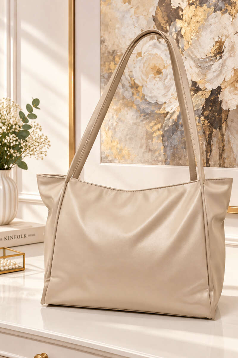Long-Handle Faux Leather Handbag - Beige