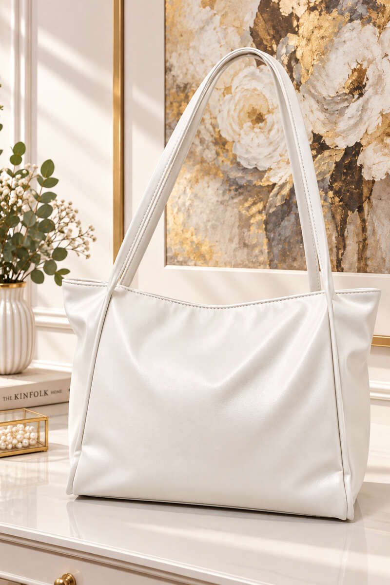Long-Handle Faux Leather Handbag - White