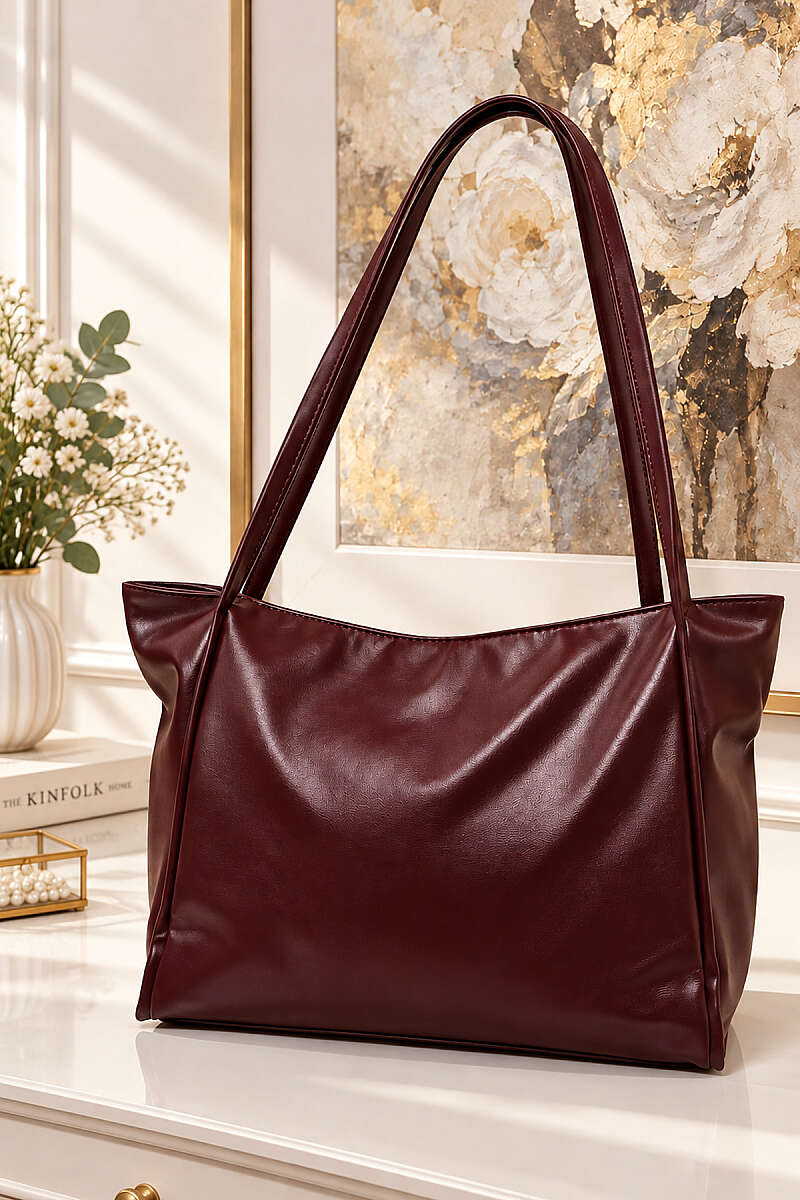 Long-Handle Faux Leather Handbag - Burgundy
