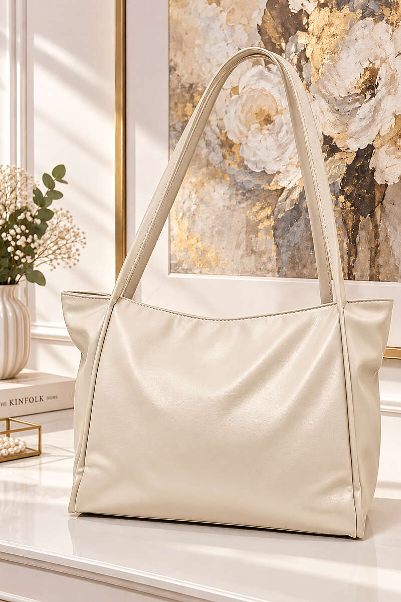 Long-Handle Faux Leather Handbag - Bone