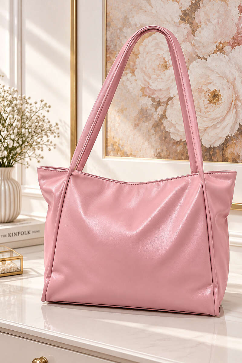 Long-Handle Faux Leather Handbag - Pink