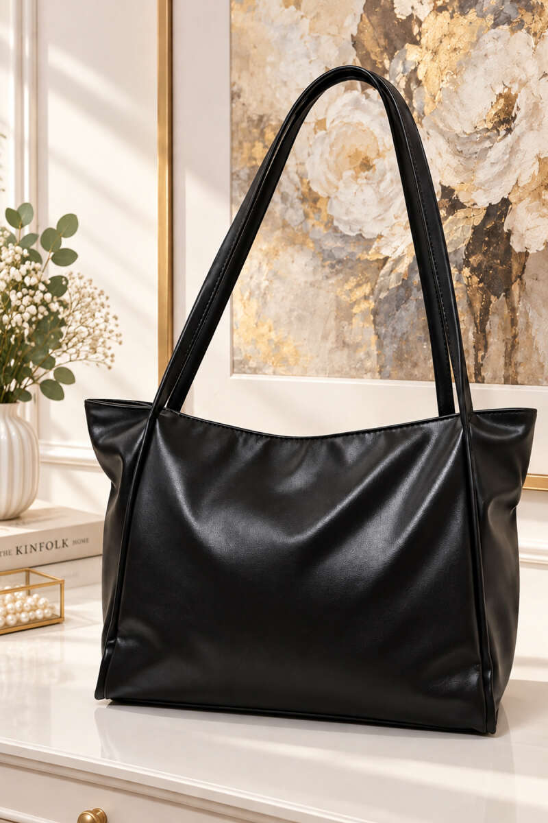 Long-Handle Faux Leather Handbag - Black