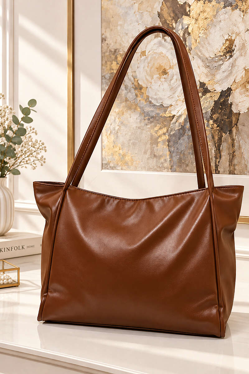 Long-Handle Faux Leather Handbag - Tan