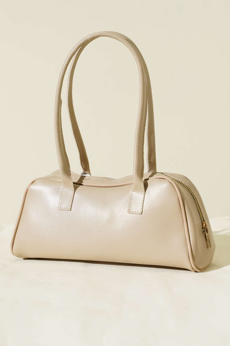 Long-Handle Zip Baguette Bag - Beige